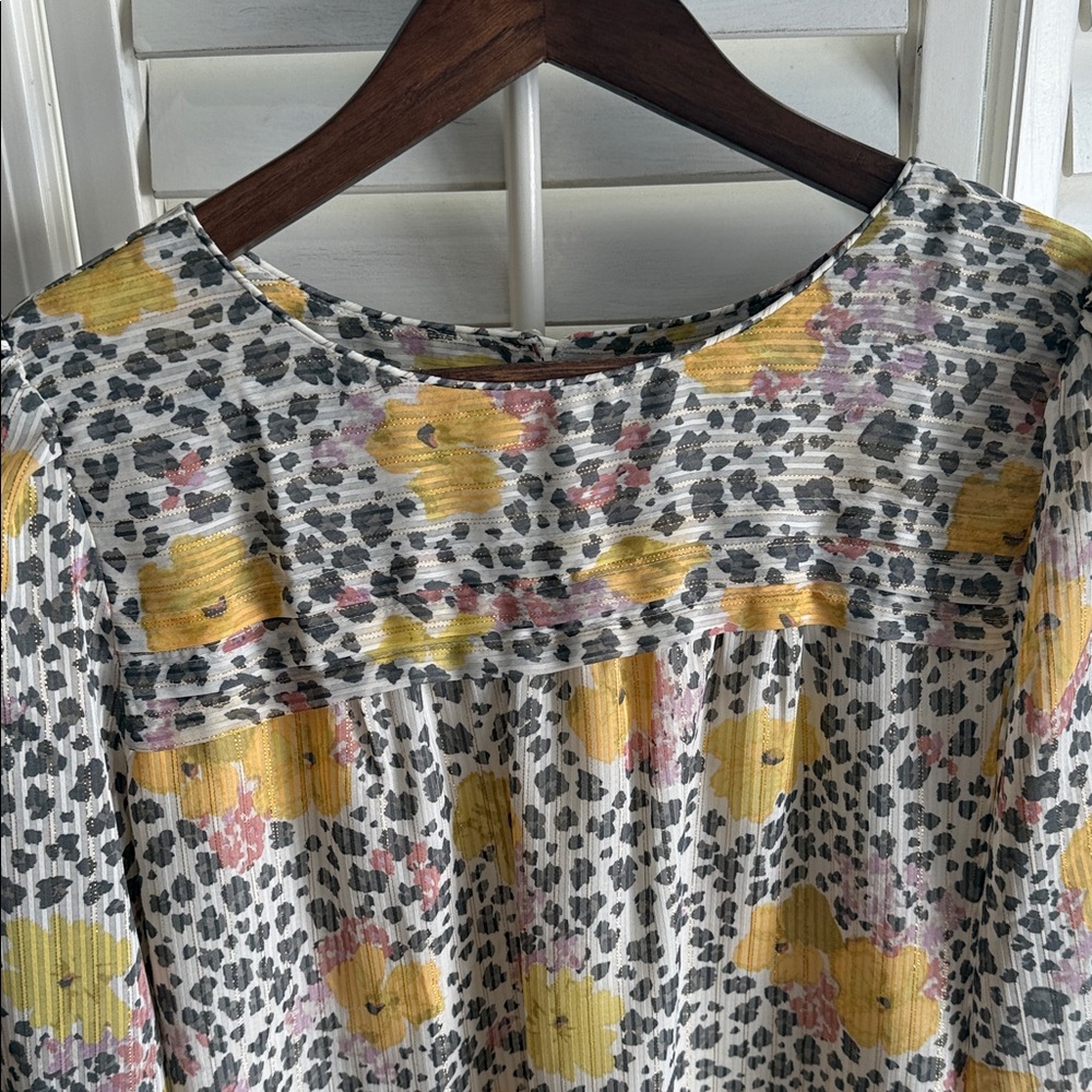 LOFT Yellow, Gray and Pink Floral Blouse, Size M